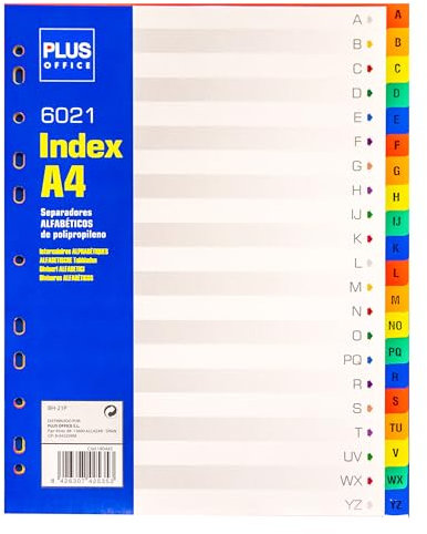 Plus Office – Separadores Alfabéticos A4 para Archivador, Índices Alfabéticos para Carpeta, Carpesano y Archivador de 2 a 4 anillas, Separadores Ideales para Oficina y Escuela (21 Posiciones)