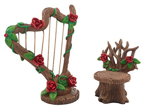 GlitZGlam Miniature Rose Harp and Chair Set for the Fairy Garden - Miniature Garden Accessory for the Fairy Figurines