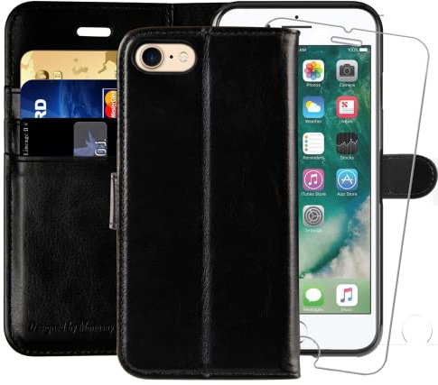 MONASAY iPhone SE 2022/2020 5G Case,iPhone 8 Wallet Case, iPhone 7 Case,4.7-inch, [Glass Screen Protector] Flip Folio Leather Cell Phone Cover with Credit Card Holder for Apple 7/8/SE2/SE3,Black