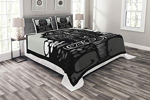 ABAKUHAUS Wikinger Tagesdecke Set, Thor Sohn von Odin Monochrom, Set mit Kissenbezügen Waschbar, für Doppelbetten 220 x 220 cm, Anthrazit Schwarz