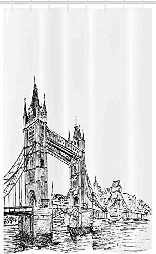 ABAKUHAUS London Schmaler Duschvorhang, Tower Bridge Vereinigtes Königreich Landschaft, Badezimmer Deko Set aus Stoff mit Haken, 120 x 180 cm, Weiß Dunkelgrau