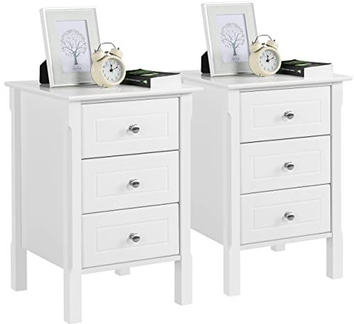 Yaheetech Set 2 Comodini Camera da Letto con 3 Cassetti Cassettiera Cameretta Comodino da Notte Moderno Tavolino Laterale Organizzatore da Divano Salotto Soggiorno Elegante 40 x 40 x 60 cm Bianco