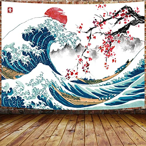 MERCHR Japanischer Ozean-Wandteppich, coole künstlerische Welle, Wandbehang, asiatischer Anime-Mount rote Sonne, Kirschblüten-Dekorationen für Schlafzimmer, 180 x 152 cm