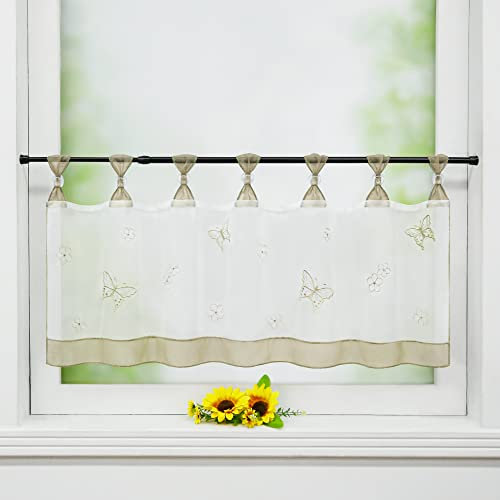 Delien Scheibengardine Voile Bistrogardinen mit Schlaufen Küchen Kurzstore Stickerei »Schmetterling« Transparente Durchstangenzug Stores Gardine Kurzvorhang BxH 90x30cm,Sand
