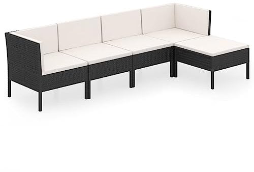 vidaXL Gartenmöbel 5-TLG. mit Auflagen Fußhocker Mittelsofa Ecksofa Sitzgruppe Lounge Sofa Garten Garnitur Gartenset Gartensofa Poly Rattan Schwarz