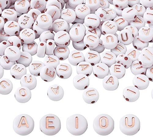 PandaHall 500pcs Acrylic Flat Round Alphabet Beads 7mm White Disc Coin Vowel Letters Spacer Loose Beads with Rose Gold Letter A E I O U for Jewelry Making Beading Art Craft DIY Bracelets