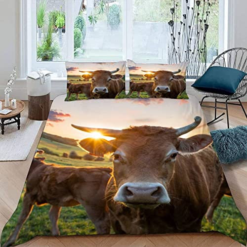 RFFLUX Kühe Bettwäsche 155x220 cm 3teilig mit Reißverschluss 3D Bauernhof Tiere Vieh Bettwäsche Sets Warme Winter Sommer Weich und Angenehme Bettbezüge mit 2 Kissenbezug 80x80 für Teenager
