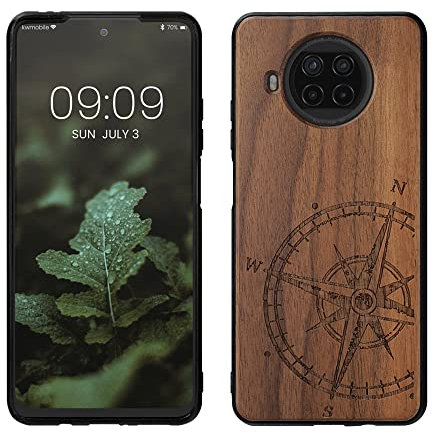 kwmobile Hülle kompatibel mit Xiaomi Mi 10T Lite Hülle - Holz Case - Handy Cover - TPU Handyhülle in Dunkelbraun Kompass Vintage