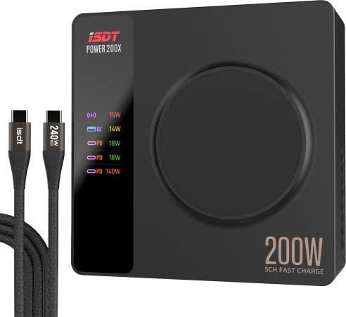 ISDT Power 200 Series USB C Charger, 200W Desktop Charger with 4 USB & 1 Wireless Charging Ports, Compatible with iPhone, Tablet, iWatch