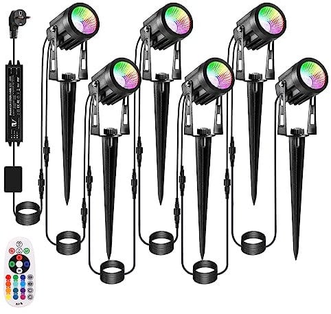 ECOWHO Gartenbeleuchtung, 6 Stück 21m Gartenlampe aussen RGB mit Fernbedienung Timer, IP65 Wasserdichte Gartenleuchte mit Strom, Außenbeleuchtung Teichbeleuchtung Wegeleuchte für Garten, Bäume, Party