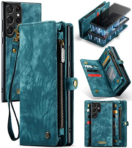 UFinetech Samsung S23 Ultra Hülle, Stoßfest Kartenfach Magnetisch Abnehmbare Tasche Samsung Galaxy S23 Ultra 5G Handyhülle, Flip Reißverschluss Lanyard Leder TPU Klapphülle Kratzfest Schutzhülle, Blau