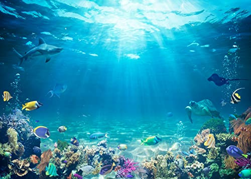 BELECO Unterwasserwelt-Hintergrund, 2,1 x 1,5 m, Stoff, Unterwasser-Hintergrund für Fotografie unter dem Meer, Tropische Fische, Delfine, Schildkröte, Koralle, Tiefsee, Sonnenlicht, Meeresboden,