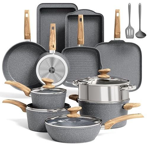 MAISON ARTS 17-teiliges Topf- und Pfannen-Set – Küchen-Kochgeschirr-Sets mit Antihaftbeschichtung aus Granitstein, geeignet für Induktionsherde, Grau