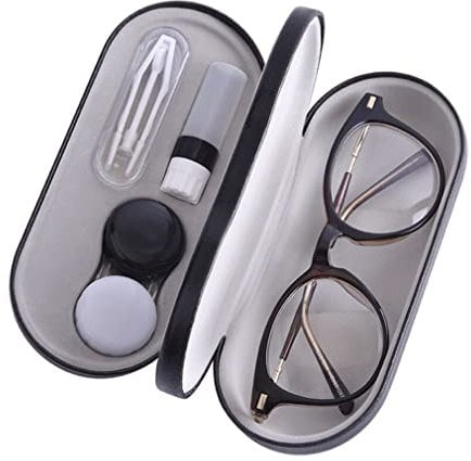 RURUOGUK Contact Lens Case, 2 in 1 Double Sided Portable Glasses Case, Included Tweezers and Applicator, Perfect for Travel (Black A)