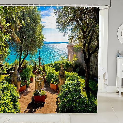 Loussiesd Sunny Rideau de douche 180 x 240 cm sur le thème biologique Rideau de douche imperméable Woodland Unique Bord de mer Tissu imperméable Salle de bain Beau paysage avec crochets