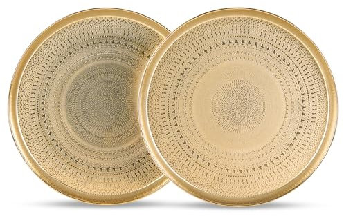 JAZUIHA Juego de 2 bandejas decorativas redondas, cuenco decorativo dorado de metal, bandeja decorativa de 34 cm de diámetro, bandeja dorada para servir con borde alto, plato decorativo con diseño en