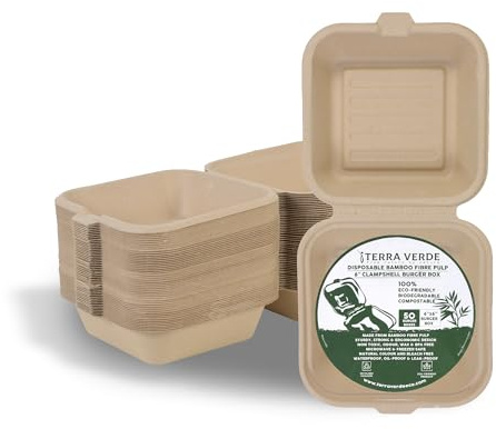 Einweg-Burger-Clamshell-Boxen aus Bambusfaser, 15,2 x 15,2 cm, 50 Stück, ungebleicht, naturbraun, 100 % kompostierbar, umweltfreundlich, robust für Imbiss, Salate, Gebäck, warme und kalte Speisen