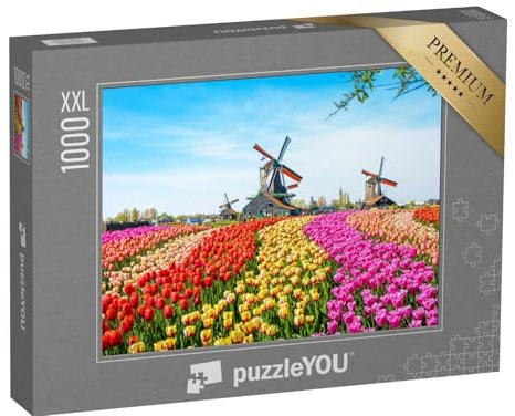 Puzzle 1000 Teile XXL „Landschaft mit Tulpen, Windmühlen und Häusern in den Niederlanden“ – aus der Puzzle-Kollektion Tulpen
