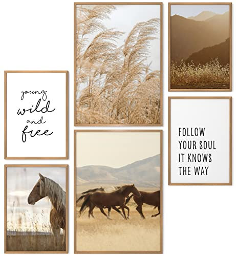 Papierschmiede® XL Mood Poster Set Wild and Free, Bilder Set mit Rahmen (Farbe wählbar) Wohnzimmer Deko Modern, 2x A2 & 4x A3, decoration boho style Boho Pferde Weide Getreide Beige