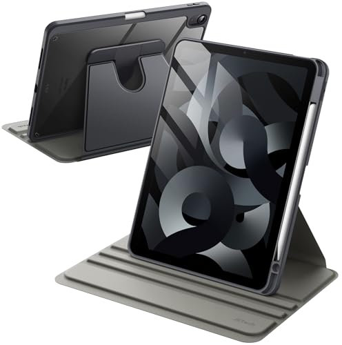 JETech Rotierende Hülle für iPad Air 11 Zoll M3/M2 (2025/2024), iPad Air 5/4 (2022/2020 5./4. 10,9 Zoll) mit Stifthalter, 360 Grad Drehbare Schutzhülle Ständer Transparente Rückseite (Space Grau)
