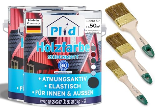 Plid Holzfarbe Anthrazitgrau 5 L Innen & Außen 3er Pinselset | Holzschutzfarbe | Holzlack für Holz, Metall & Hart-PVC | Wetterschutzfarbe | UV-beständig | ca. 50 m² | Made in Germany