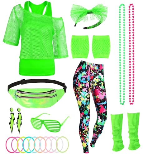 80er 90er Jahre Outfit Damen Netzshirt, Tank top, Leggins, Netzhandschuhe, Bauchtasche, Haarband, Ohrring, Armband, Halskette, 80iger Kostüm Zubehör Neon Kleidung 80s Aerobic Bad Taste Outfit FR040XL
