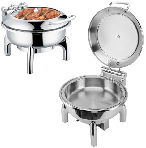 Chafing Dish Buffet Set, 4.5L Round Stainless Steel Chafing Dish Buffet Set with Visible Glass Lid for Hotel Self Catering Kitchens Parties Banquets Catering Activities