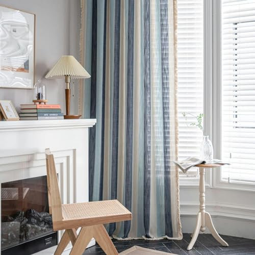 132 CM Largeur * 45-300 CM Goutte Bleu Rayé Coton Lin Semi-Transparent Salon Rideaux Tringle Semi Occultant Lin Coton Rideau de Douche