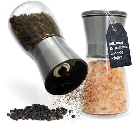 Küper Selection - 2er Gewürzmühlen Set - mit schwarzem Pfeffer und rosa Kristallsalz - Salz und Pfeffermühle - 2er Gewürzset – 90 g Pfeffer - 200 g Salz