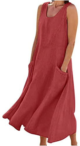 Langes Sommerkleid für Damen, Baumwolle, Leinen, ärmellos, elegant, fließend, Übergröße, locker, bequem, mit Taschen, #015 Rot, Klein
