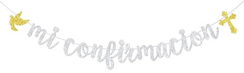 Mi Confirmación Banner - Erste Heilige Konfirmation Dekorationen - Gott Segen, Taufe, Hochzeit, Brautparty, Taufe Party Dekorationen Silber Glitzer