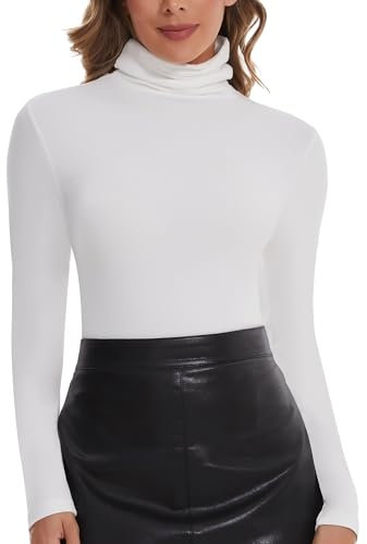 SHAPERIN Long Sleeve Top Women Polo Roll Neck Tops Plain Mockneck Casual Shirts Tight Tops Ribbed Tee White M