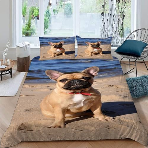 Französische Bulldogge Kinderbettwäsche 135x200 Tiere Hunde 3D Druck Bettwäsche-Sets 3Teilig für Jungen Mädchen Teenager Weich Mikrofaser Bettbezug mit Reißverschluss und 2 Kissenbezüge 80x80cm A38