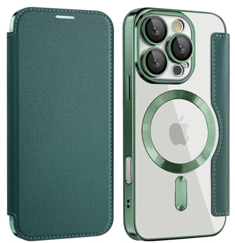 Unichthy Flip Case for iPhone 15 Pro Clear Cover Support MagSafe |RFID Blocking| Wallet Purse Shockproof Leather Stand Cover Individual Protection for Each Lens Phone Skin for iPhone 15 Pro Green