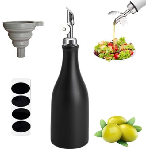 mumisuto Distributeur D'huile D'olive en Céramique, 300ML Bouteille Huile Olive avec Bec Verseur/Entonnoir, Distributeur Huile d’Olive/Vinaigre/Sauce de Soja Outil pour Barbecue/Cuisson/Salade (Noir)