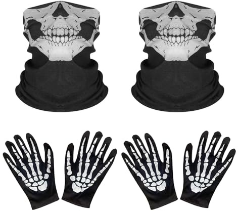 ONEINHE 2 Sets Halloween-Skelett-Handschuhe und Totenkopf-Gesichtsmaske, halbe Geisterknochen für Erwachsene, Halloween, Cosplay, Tanzkostüm, Party, Schwarz , One size