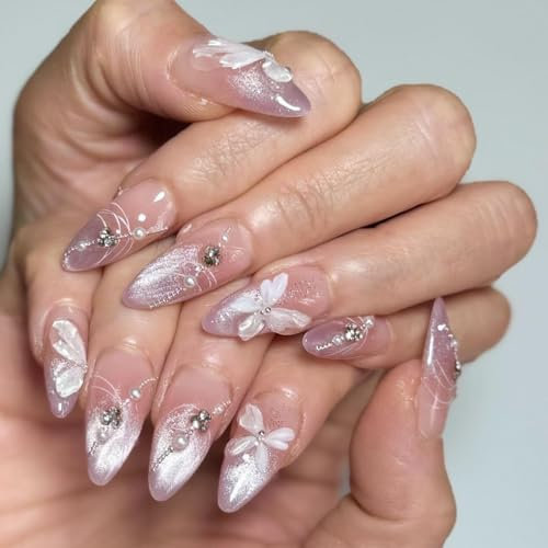 MouyouGlow Press on Nails Kurz,Almond Lila Verlauf Cat Eye Magnetic 3D Schmetterling Perle Strass Fake Nails Kunstnägel mit Nagelkleber,Violett Purple Gradient Shimmer Künstliche Fingernägel