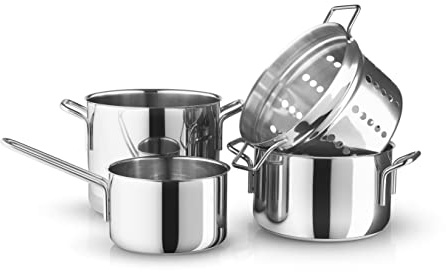 Eva Trio | Stainless Steel Topfset 4 St. 1,8 l 3,6 l 4,8 l & Pasta-Einsatz |Komplettes Set aus Töpfen mit dazugehörigem Pasta-Einsatz, um jeden Bedarf beim täglichen Kochen abzudecken | Polished steel