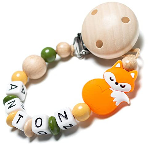 Personalisierte Baby Schnullerkette mit Namen – Verschiedene Modelle für Jungen und Mädchen, Perfektes Geschenk für Babys (orange, silikon, Fuchs)