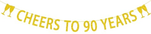 ALEGRE® Girlande 90 Geburtstag Mann, Cheers to 90 Years Girlande, 90 Geburtstag Deko Banner, Deko 90 Geburtstags Frauen Männer, Gold Glitzerbanner zum 90. Geburtstage Deko, Geburtstagsdeko 90