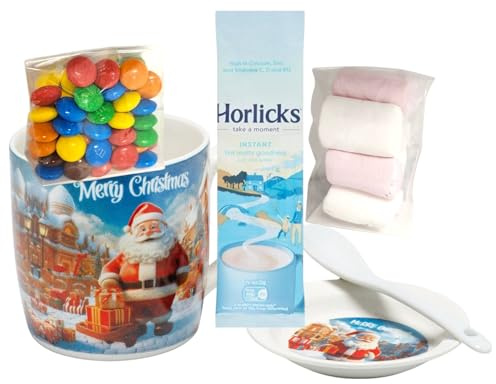 Christmas Hot Chocolate Mug Gift Set, Santa Design with Galaxy Hot Chocolate, Marshmallows, Chocolate Buttons, Festive Decorations (16.5cm x 18 x9.6cms, HK-217B (Horlicks))