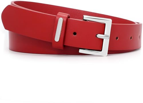 JasGood Damen Ledergürtel Mode Damen Gürtel mit Silberner Schnalle für Jeans Hosen Kleider,Rot,120cm