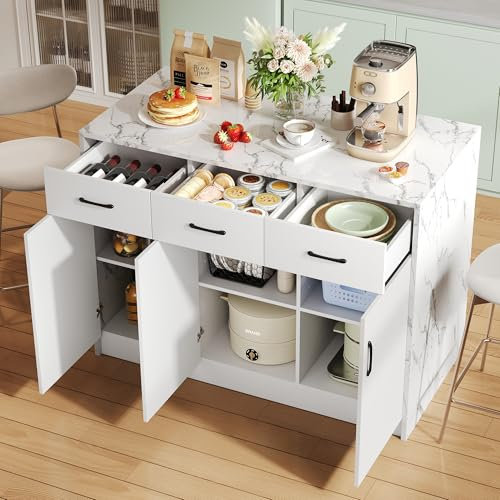 Isla de cocina grande 120 x 60 x 90,5 cm, 3 cajones y 3 puertas, diseño de mármol blanco, estantes ajustables, cajones silenciosos, diseño de área de bar - Utensilios de cocina elegantes y prácticos