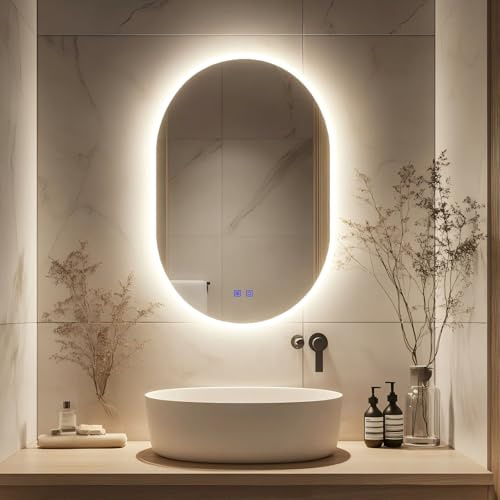 Kasloglow Badspiegel mit Beleuchtung Oval 50x70 cm – LED Spiegel Bad, Dimmbar, Warmweiß & Kaltweiß, Beschlagfrei, Badezimmer Wandspiegel