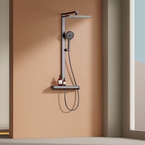 EMKE Duschsystem mit Thermostat – 36 x 24 cm Regendusche mit Armatur, Duschsystem mit 40 cm Glasablage & Handbrause (4 Strahlarten), höhenverstellbar, Anthrazit Matt, inkl. LED-Digitalanzeige