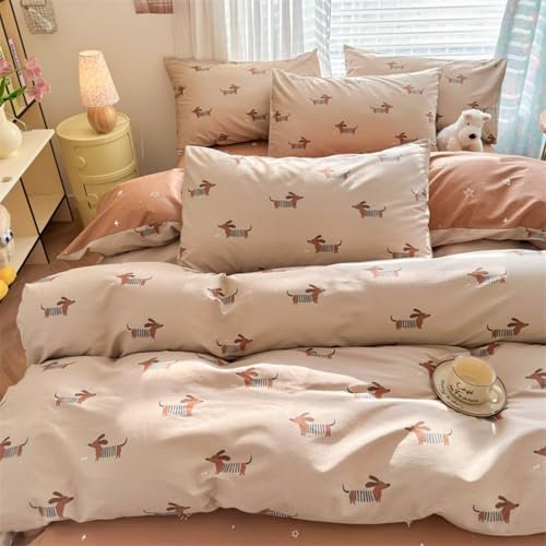 Freyamy Bettwäsche 135x200cm 4teilig Khaki Bunt Dackel Mädchen Wendebettwäsche Microfaser Hundemuster Kinderbettwäsche Deckenbezug 2 Bettbezug mit Reißverschluss und 2 Kissenbezug 80x80cm