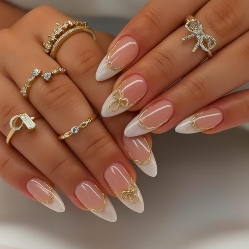24PCS Pearl White Almond Press On Nails Medium Long French Tip with Golden Line Bow Design Glossy Full Cover Fake Nails for Women Girls ABS Material with Jelly Adhesive Tabs Stylish Look
