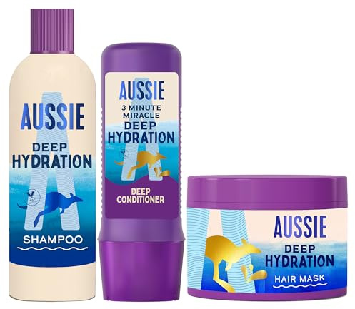 Aussie Hidratación Profunda Champú, Mascarilla y Acondicionador Pelo Seco | Pack 300 ml + 500 ml + 250 ml, Sin Siliconas, Vegano, Cruelty-Free