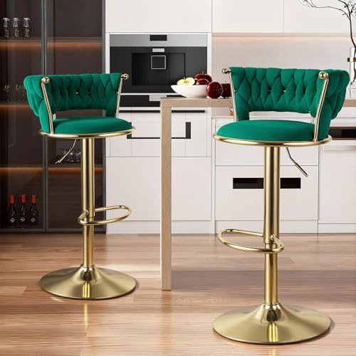 Hawthyhome Barhocker 2er Set, Höhenverstellbar Barstuhl mit Metallrahmen, Ergonomisch Küchenhocker mit geflochtener Rückenlehne für Küche, Hausbar, Gold/Grün