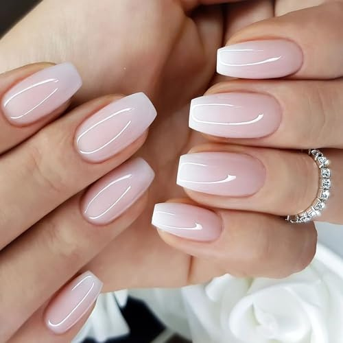 24 Pièces Faux Ongles Moyen Long, Français Press on Nails Carré, Ballerine Dégradé Rose Blanc Ongles à Coller, Acrylique Couverture Complète Capsule Ongles pour Femme et Fille DIY Manucure
